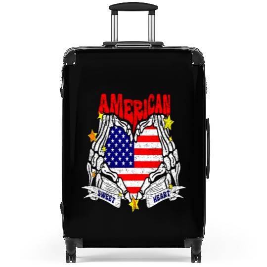 America Sweet Heart Skeleton Hands Heart Flag 4th Suitcases