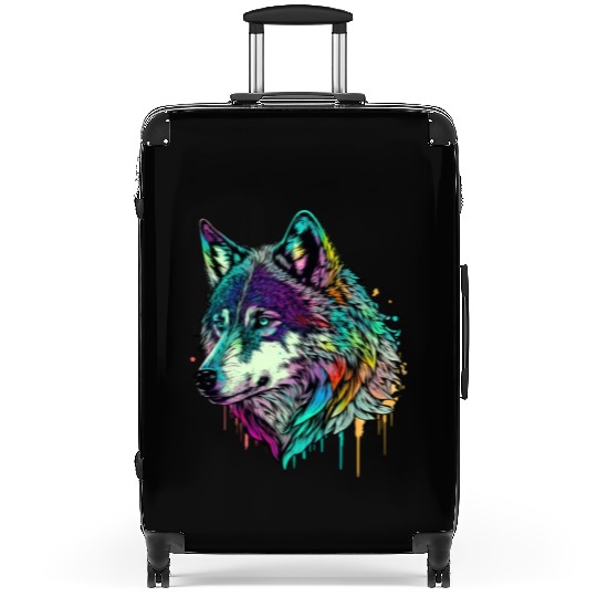 Vibrant Psychedelic Wolf Illustration Suitcases