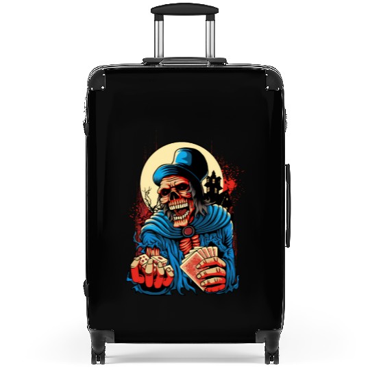 skeleton holding playing cards and dice art Suitcases