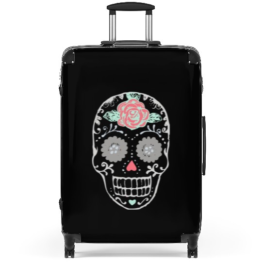 Sugar Skull With Red Rose On Forehead Suitcases