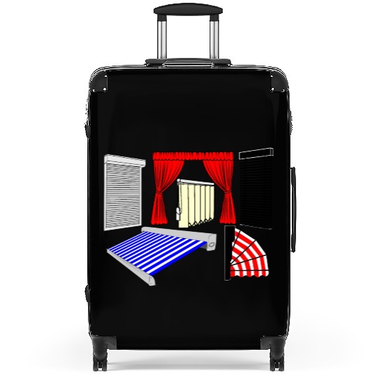 Blinds curtains red, canopies blue white striped, Suitcases