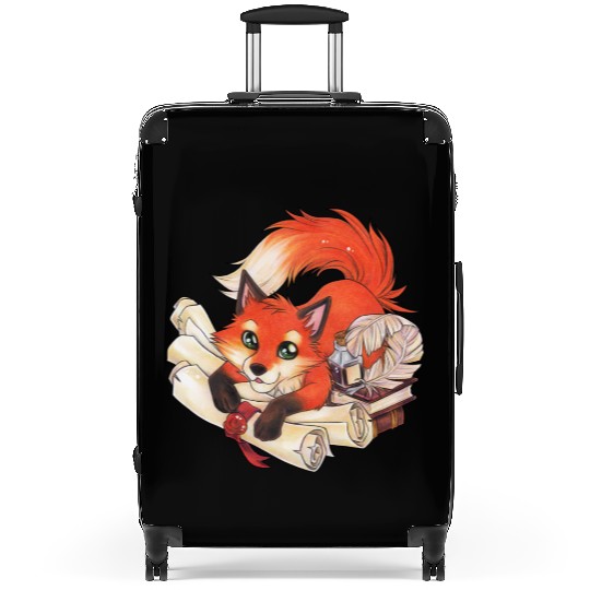 Fox with books and scrolls, ink reading Suitcases