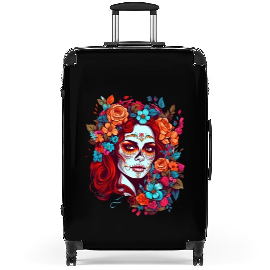 Dia de los muertos woman sugar skull with flowers Suitcases