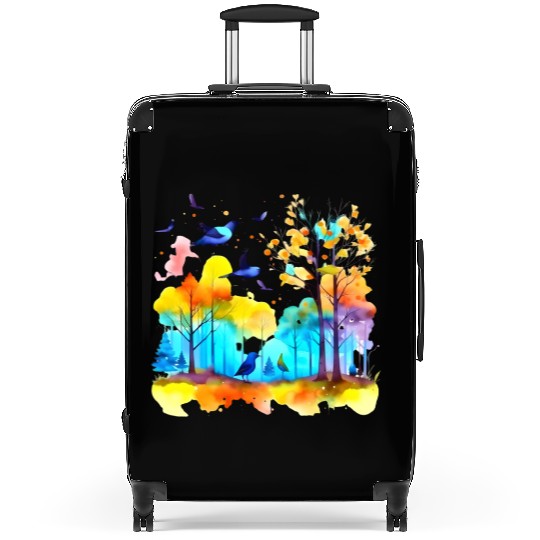 Serenity in Flight: Watercolor Birds over Forest Suitcases