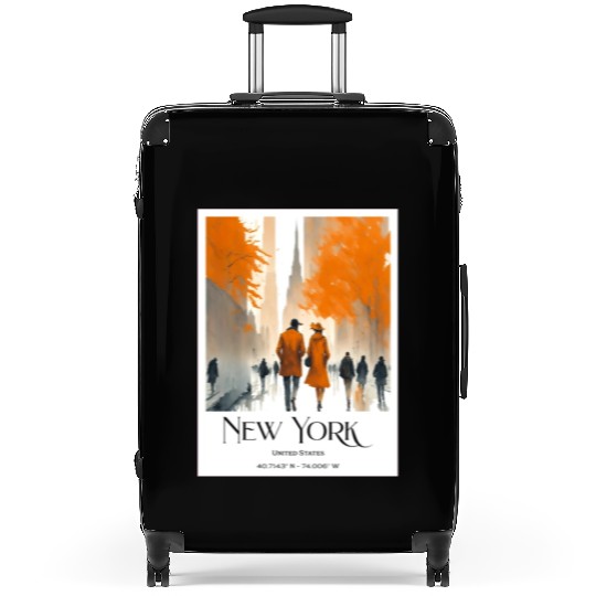 Watercolor painting loving couple in New York City Suitcases