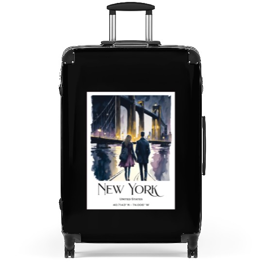 Watercolor painting loving couple in New York City Suitcases