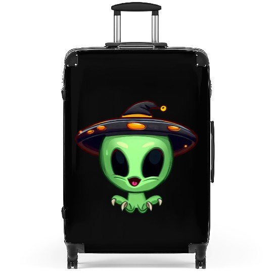 Green Alien Celebrates Halloween Suitcases