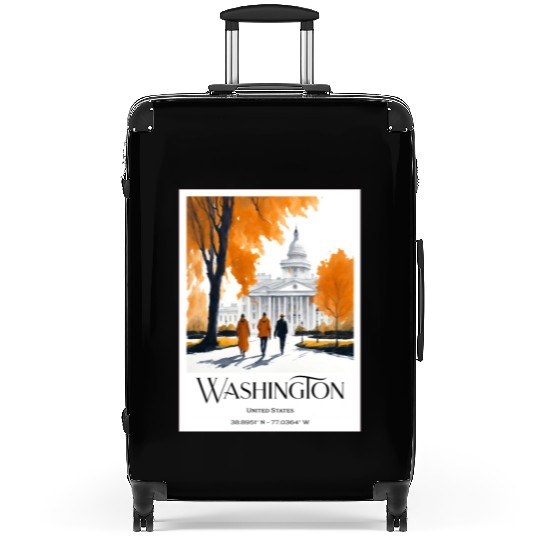 Watercolor painting loving couple in Washington DC Suitcases