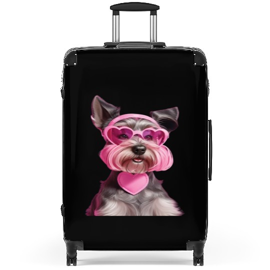 Miniature Schnauzer Wearing Pink Heart Collar Suitcases
