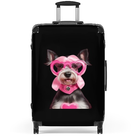 Schnauzer wearing Pink & Silver Heart Suitcases