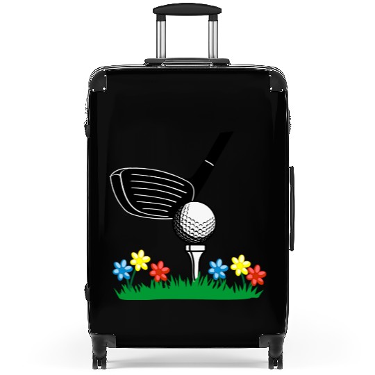 Golf stick and ball on grass field with flowers Suitcases