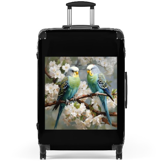 Green and blue Parakeets with flowers Suitcases