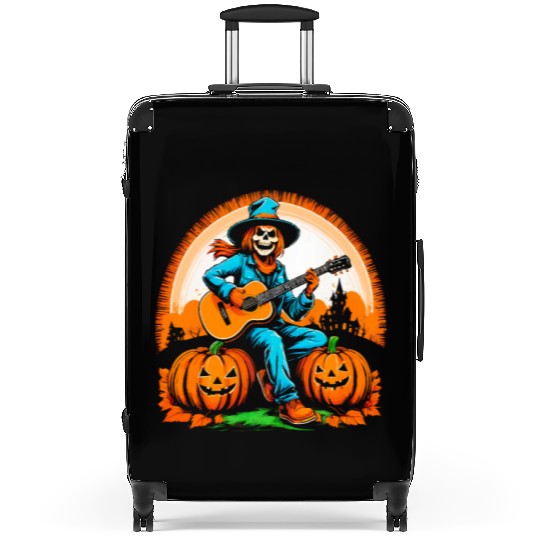 Happy Halloween scarecrow plays guitar Suitcases
