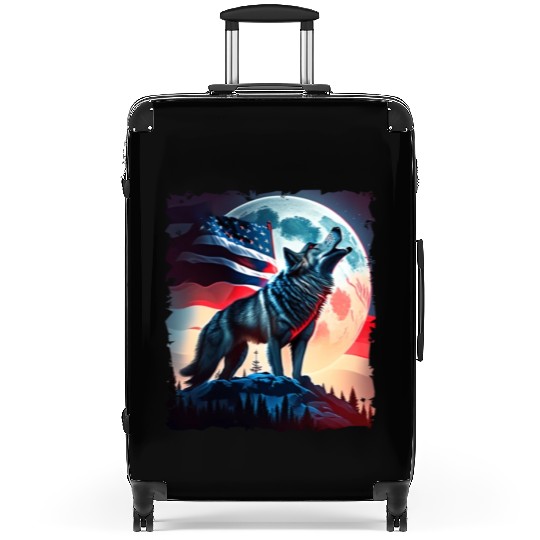 America wolf under Moon with American Flag Suitcases