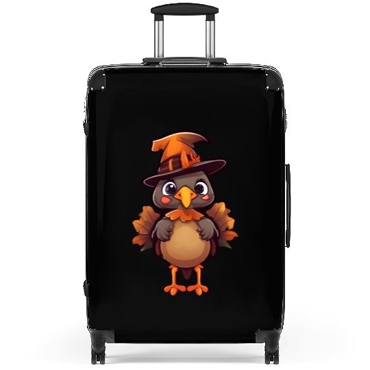 Cute Halloween turkey with a witch hat. Suitcases