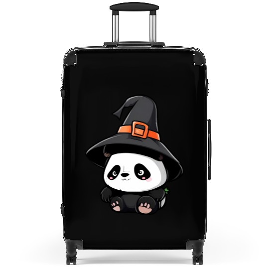 Cute Halloween panda with a witch hat. Suitcases