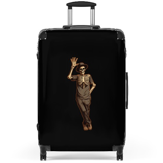 Halloween Skeleton Waving with Hand Suitcases
