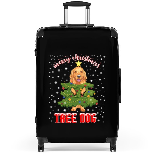 Christmas Dog in Christmas Tree With Xmas Lights Suitcases