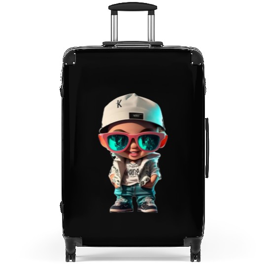 The boy poses in stylish clothes hip hop Suitcases