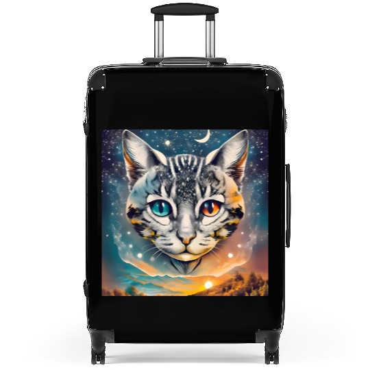 Cat With Two Different Color Eyes Fantasy Art Suitcases