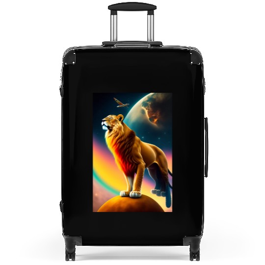 an astronaute on a bird with lion below Suitcases