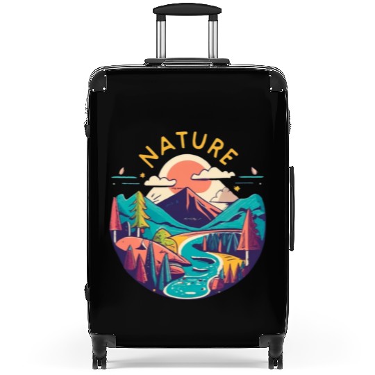 Nature circular graphic with mountains, trees and Suitcases