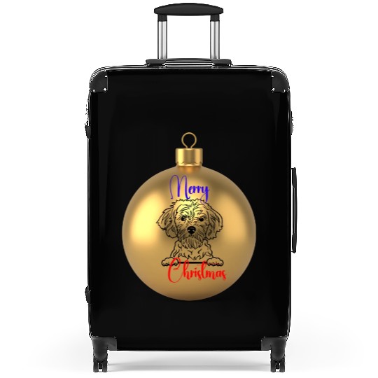 Merry Dog Christmas on a gold ornament. Suitcases