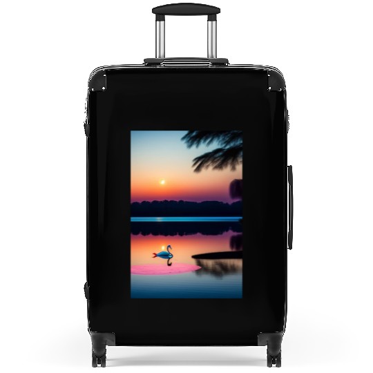 The image is of a serene lake 3 Suitcases