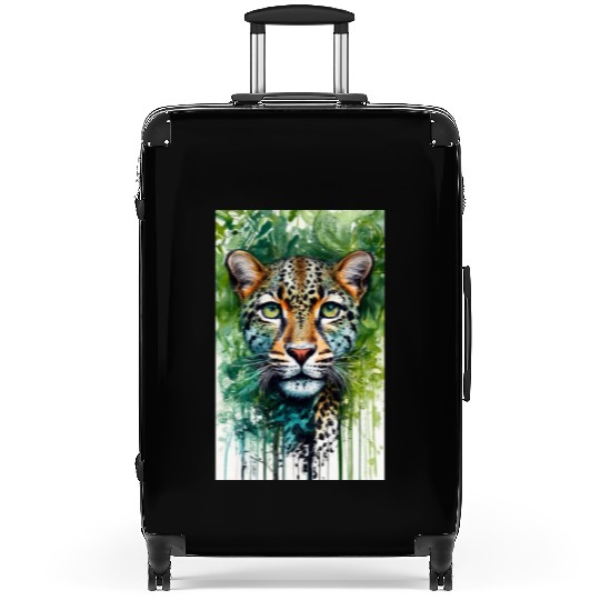 Leopard ink painting with green background Suitcases