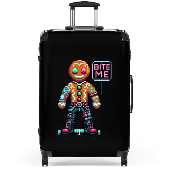 Cyberpunk Gingerbread Man Neon 'Bite Me' Christmas Suitcases