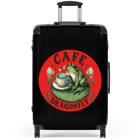 Cafe Dragonfly: Whimsical Serene Frog on Lily Pad Suitcases