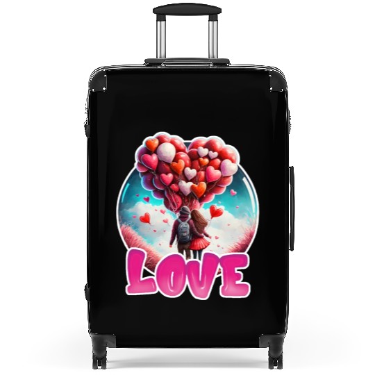 Retro Cute Couples with Heart Balloons Suitcases