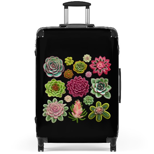 Whimsical Fake Embroidered Succulents Design Suitcases