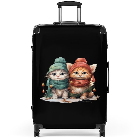 Sweet and playful Christmas kittens wearing hats Suitcases