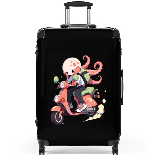Octopus Riding Scooter Funny Motor Biker Moped Suitcases