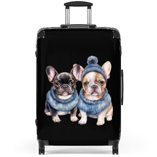 Winter Christmas Bulldogs with Blue Hats Suitcases