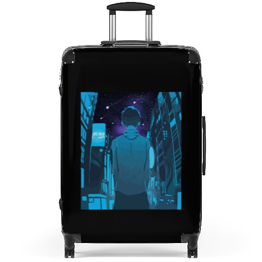 Nighttime NYC Stroll: Urban Boy Amid Skyscrapers Suitcases