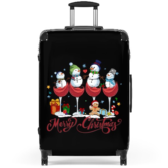 Red Wine Glasses with Snow Men Funny Christmas Suitcases