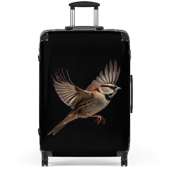 A close-up photo of a cute sparrow bird, Suitcases