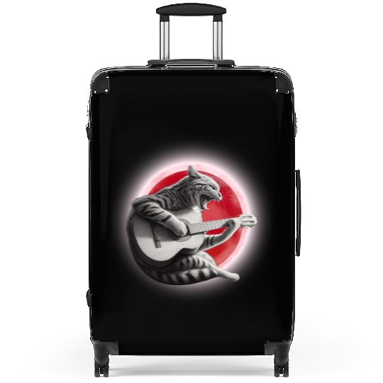 Rock Cat Playing Guitar Suitcases under the red moon