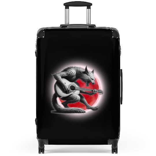 Rock Cat Playing Guitar Suitcases under the red moon
