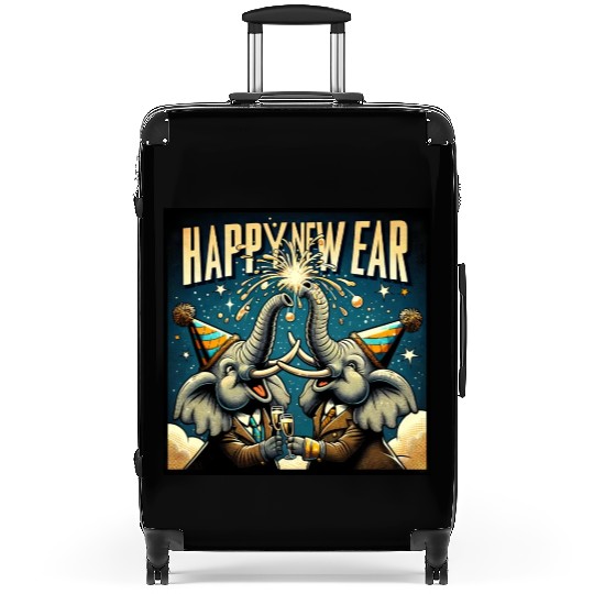 New Year's Eve Elephant Cheers with Champagne Suitcases
