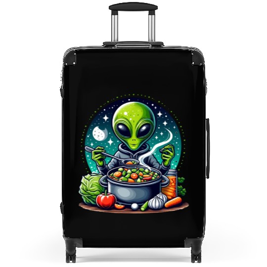 Alien chef cooks vegetable soup Suitcases