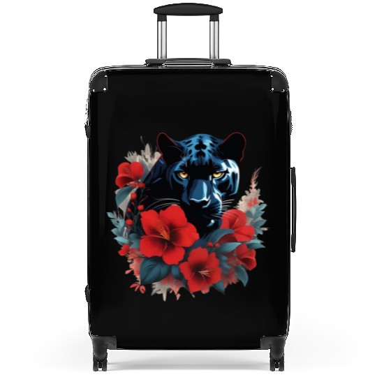 Dynamic Panther Embraces Kindness in Floral Glory Suitcases