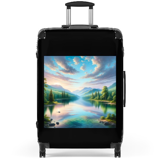 Tranquil Dawn Serene Lake and Forest Landscape Suitcases