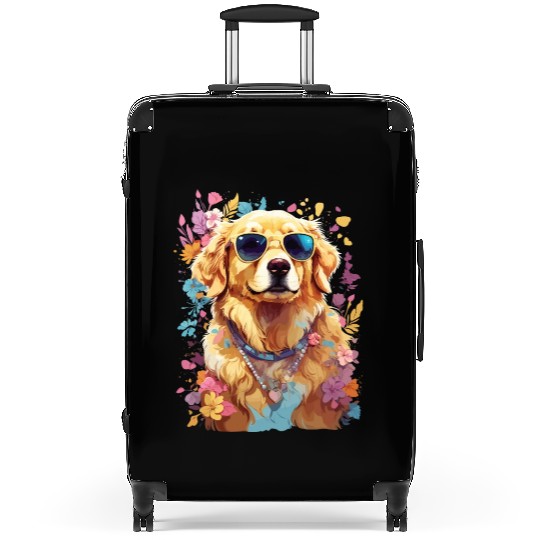 Cool Golden Retriever with Sunglasses and Flowers Suitcases