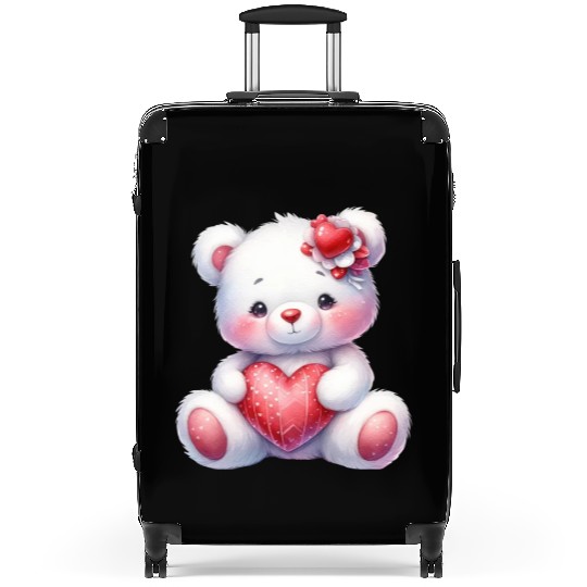 White Teddy Bear Love Valentine's Day Red Heart Suitcases