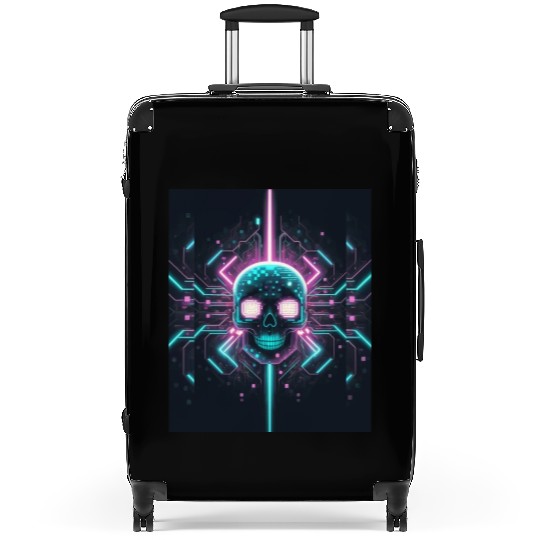 Retro neon cyberpunk pixelated skull Suitcases