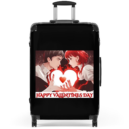 HAPPY VALENTINE DAY. MAN AND WOMEN HOLDING HEART Suitcases