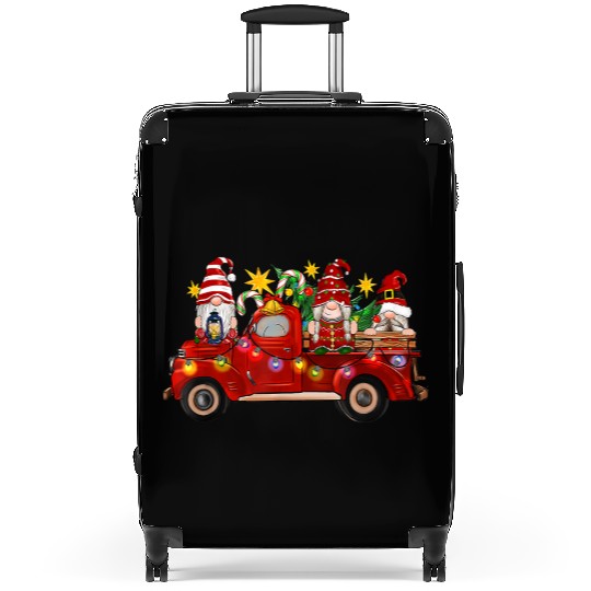Three Gnomes In Red Truck Suitcases